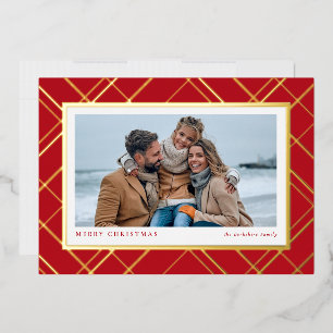Carte De Vœux En Aluminium Noël plaid rouge or rouge famille une photo