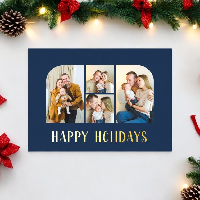 Carte De Vœux En Aluminium Noël quatre famille photo minima vert (real foil overlay christmas card saying happy holidays , fully editable xmas card)