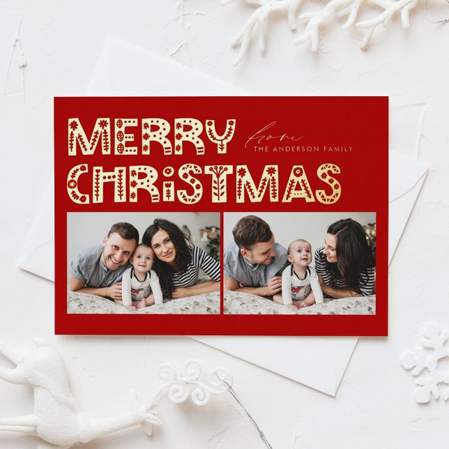 Carte De Vœux En Aluminium Noël Rouge scandinave à deux photos (Créateur téléchargé)