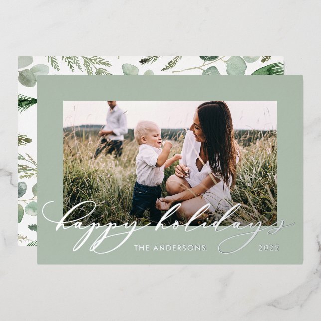 Carte De Vœux En Aluminium Noël sauge vert 1 photo écriture botanique (Recto/Verso)