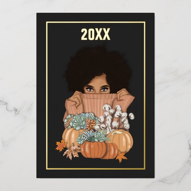 Carte De Vœux En Aluminium Noir et Or Saison Automne (Recto)