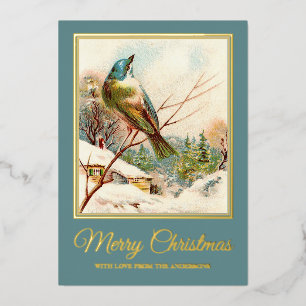 Carte De Vœux En Aluminium Oiseau bleu de Noël Vintage en neige d'hiver
