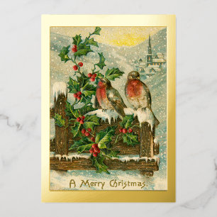 Carte De Vœux En Aluminium Oiseaux vintages de 1906 en or de Noël de neige