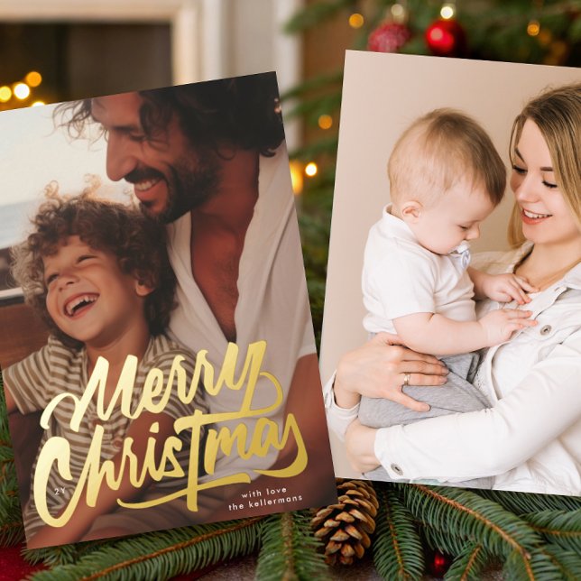 Carte De Vœux En Aluminium One Photo Retro Gold Merry Christmas Script  (Créateur téléchargé)