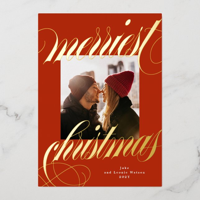 Carte De Vœux En Aluminium or de noël le plus joyeux calligraphie rouge (Recto)