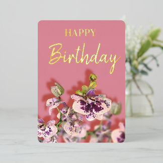 Carte De Vœux En Aluminium Orchids Tropical  Floral Happy Birthday Real Gold 