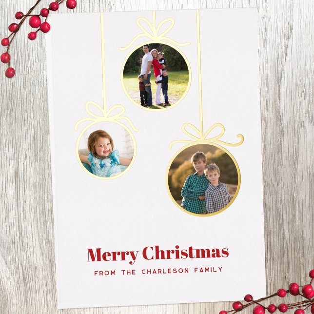 Carte De Vœux En Aluminium Ornement de Noël 3 Photo (Three photo foil Christmas ornament personalized holiday card)