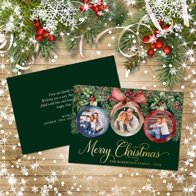Carte De Vœux En Aluminium Ornements de Noël Photos de famille Vert Or (Créateur téléchargé)