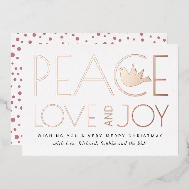 Carte De Vœux En Aluminium Paix, Amour, Joie et colombe Noël or rose (Recto/Verso)