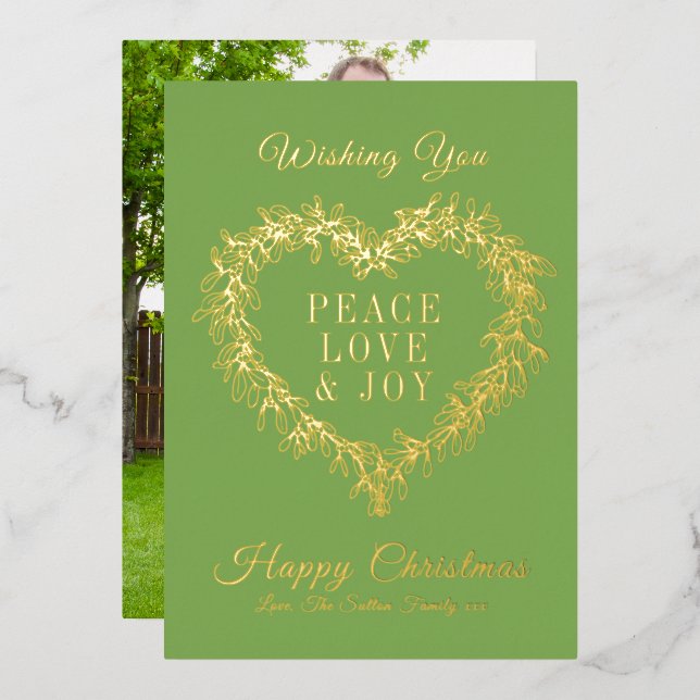 Carte De Vœux En Aluminium Paix, amour or gui coeur Noël (Recto/Verso)