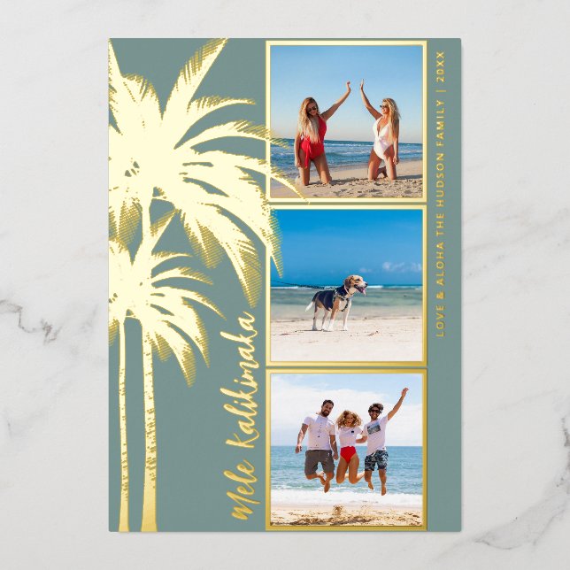 Carte De Vœux En Aluminium Palmier Mele Kalikimaka Photo de Noël Or (Recto)
