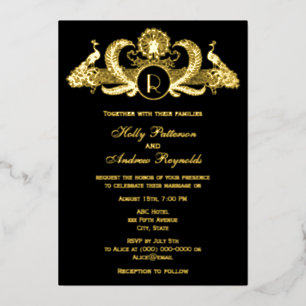 Carte De Vœux En Aluminium Paons vintage avec feuille d'or de mariage à monog