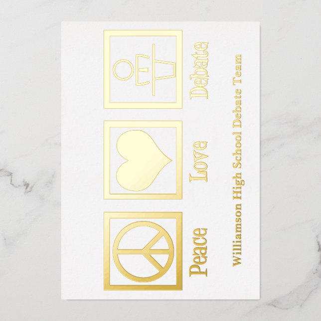 Carte De Vœux En Aluminium Peace Love Debate Team Custom School Gold (Recto)