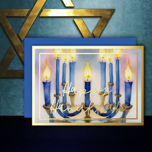 Carte De Vœux En Aluminium Peinture à l'aquarelle de la menorah bougies bleue