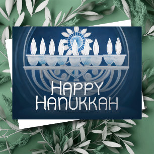 Carte De Vœux En Aluminium Peinture bleue et blanche de la menorah de Hanukka