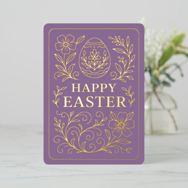 Carte De Vœux En Aluminium Personalized Spring Easter Egg Gold Floral (Debout devant)