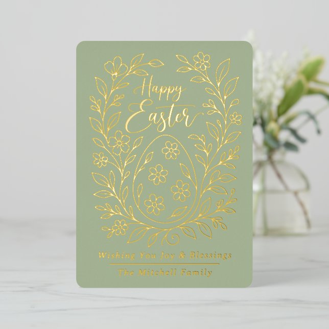 Carte De Vœux En Aluminium Personalized Spring Easter Egg Gold Floral (Debout devant)