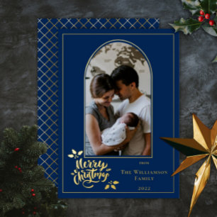 Carte De Vœux En Aluminium Photo Arté Joyeux Noël et Holly sur Dk Blue