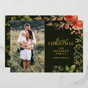 Carte De Vœux En Aluminium Photo de cerf feuillage rustique de Noël rouge et 