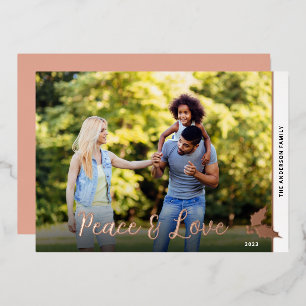 Carte De Vœux En Aluminium Photo de houx de Noël Rose Gold Paix & Amour