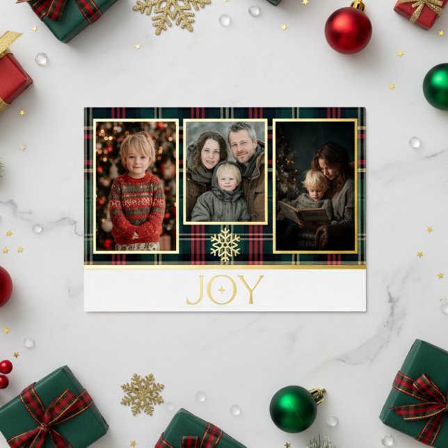 Carte De Vœux En Aluminium Photo de joie de Noël à carreaux tartan rouge et v (Créateur téléchargé)