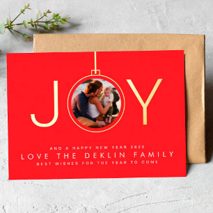 Carte De Vœux En Aluminium Photo de l'ornement Rouge Joyeux Noël Or JOIE