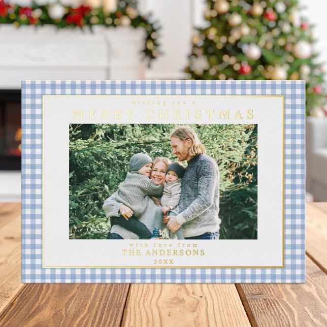 Carte De Vœux En Aluminium Photo de Noël En vichy bleu (Créateur téléchargé)