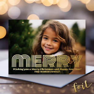Carte De Vœux En Aluminium Photo de Noël - horizontale avec Gold MERRY