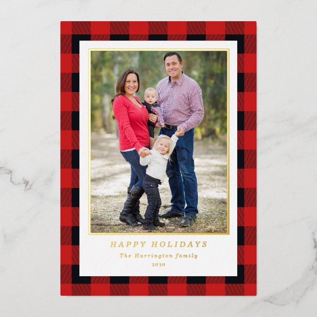 Carte De Vœux En Aluminium Photo de Noël Rouge Black Plaid Gold (Recto)
