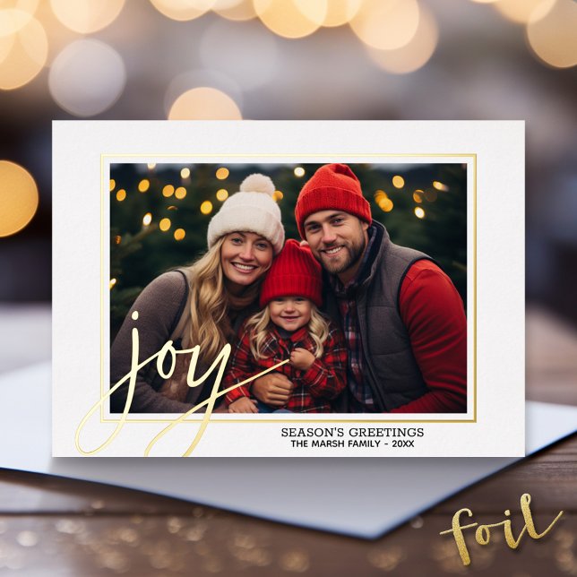 Carte De Vœux En Aluminium Photo de Noël Script horizontal JOIE d'or en réali (Gold Foil Christmas Photo Card - Modern Holiday Greeting)