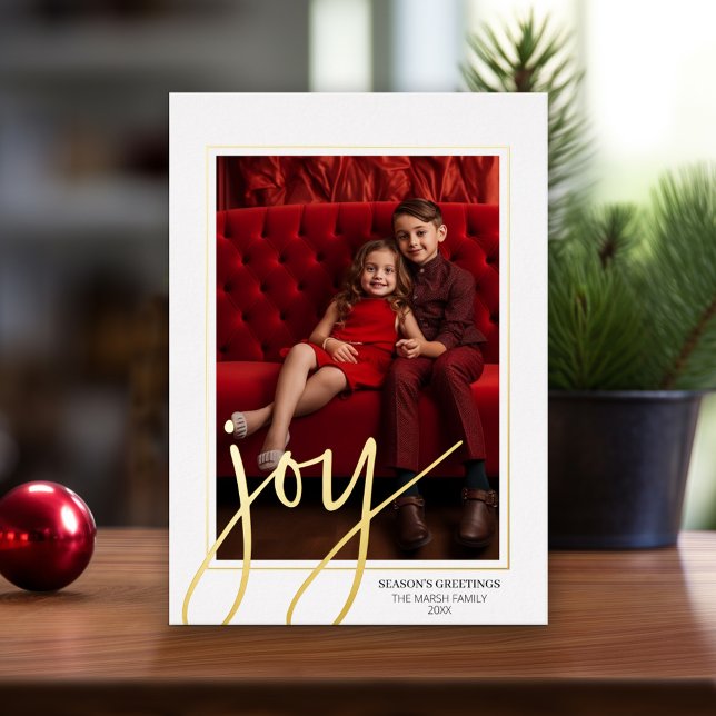 Carte De Vœux En Aluminium Photo de Noël Vertical - Script Gold JOY - (Modern Christmas Card with Photos)