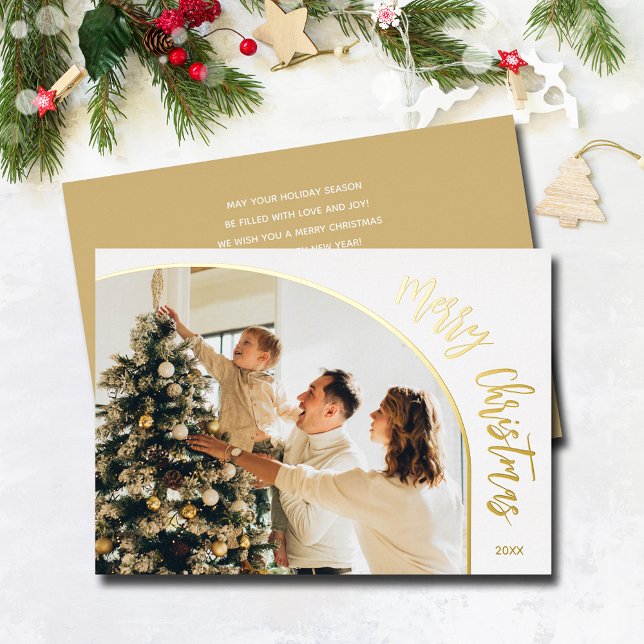 Carte De Vœux En Aluminium Photo de script de Joyeux Noël (Merry Christmas script REAL gold foil holiday photo cards)