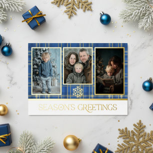 Carte De Vœux En Aluminium Photo de vœux de saison à carreaux tartan bleu et