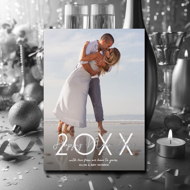 Carte De Vœux En Aluminium Photo du Nouvel An Moderne (Modern Happy New Year Photo with Real Silver Foil Holiday Cards)
