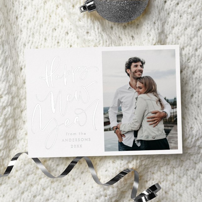 Carte De Vœux En Aluminium Photo du Nouvel An Moderne Happy Silver (Créateur téléchargé)