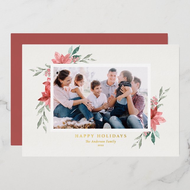 Carte De Vœux En Aluminium Photo élégant à l'aquarelle de poinsettias rouges (Recto/Verso)