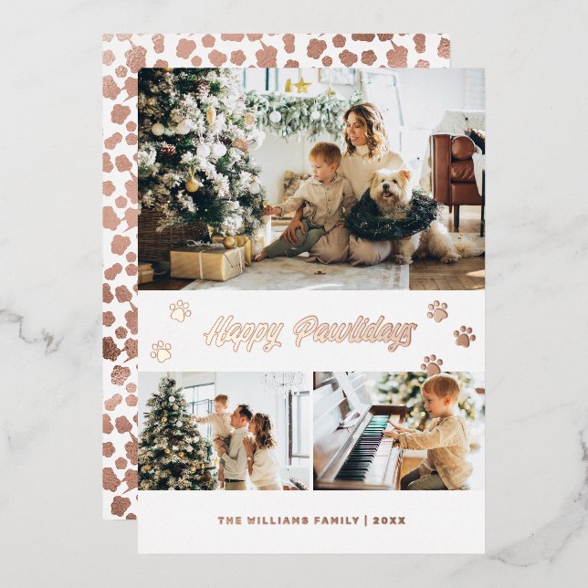 Carte De Vœux En Aluminium Photo élégante Happy Pawlidays Rose Gold (Recto/Verso)