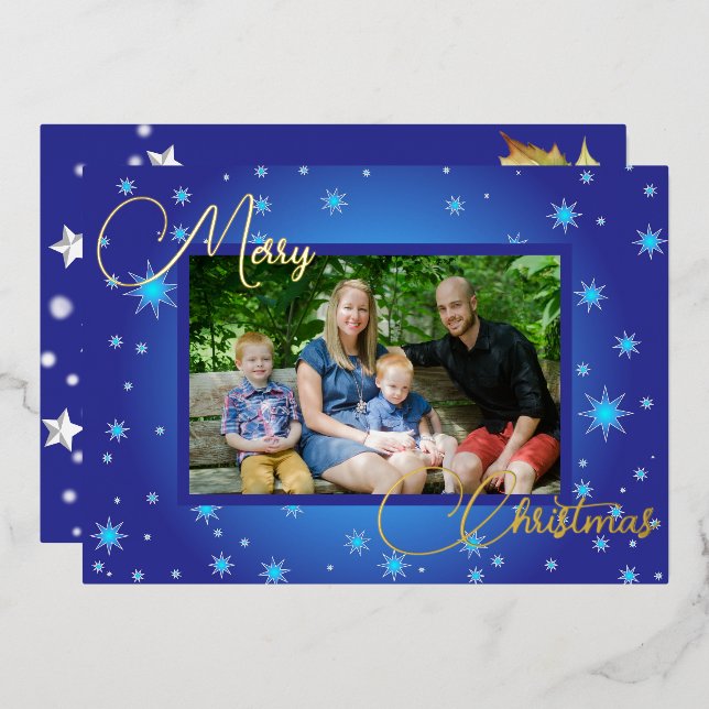 Carte De Vœux En Aluminium Photo Famille Bleue Glace Salutation de Noël (Recto/Verso)