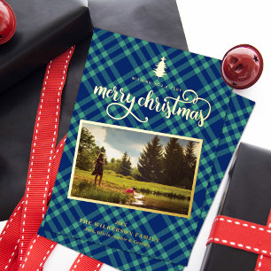 Carte De Vœux En Aluminium Photo Festive Green & Blue Plaid