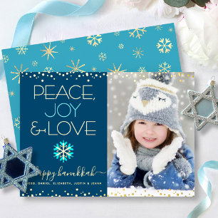 Carte De Vœux En Aluminium Photo Hanukkah Paix Joie Amour Flocon de Neige Or
