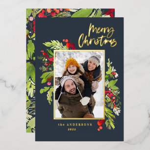 Carte De Vœux En Aluminium Photo marine bleu élégant feuillage joyeux Noël
