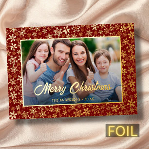 Carte De Vœux En Aluminium Photo moderne Flocon de neige de Noël bordeaux et 