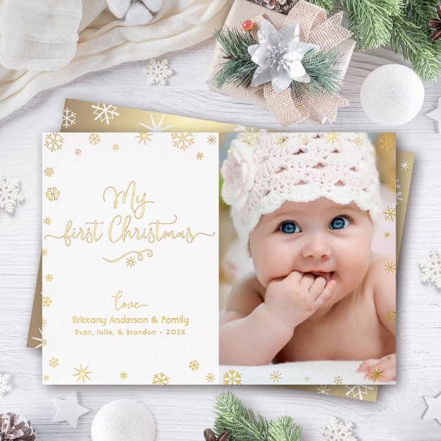 Carte De Vœux En Aluminium Photo Mon premier Noël Baby Snowflakes Real Gold (Créateur téléchargé)