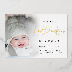 Carte De Vœux En Aluminium Photo Overlay Script Baby First Christmas Luxe