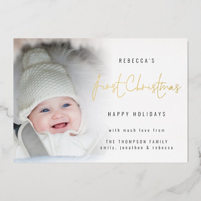 Carte De Vœux En Aluminium Photo Overlay Script Baby First Christmas Luxe (Recto)