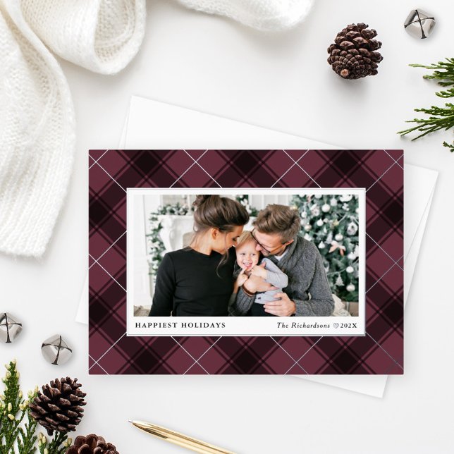 Carte De Vœux En Aluminium Photo Plaid Festive Bourgogne et Tartan Argent (Créateur téléchargé)