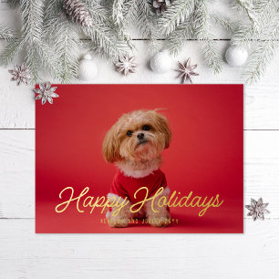 Carte De Vœux En Aluminium Photo Retro Script Happy Holidays Gold