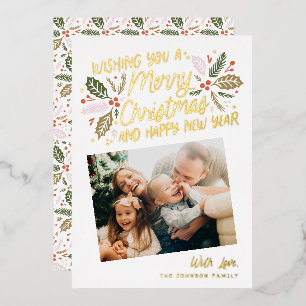 Carte De Vœux En Aluminium Photo vintage Holly Tilted Photo Christmas Gold