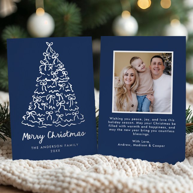 Carte De Vœux En Aluminium Photo Whimsical Christmas Tree Bows Navy (Créateur téléchargé)