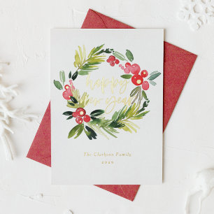 Carte De Vœux En Aluminium Pin d'aquarelle et Wreath Holly Bonne année